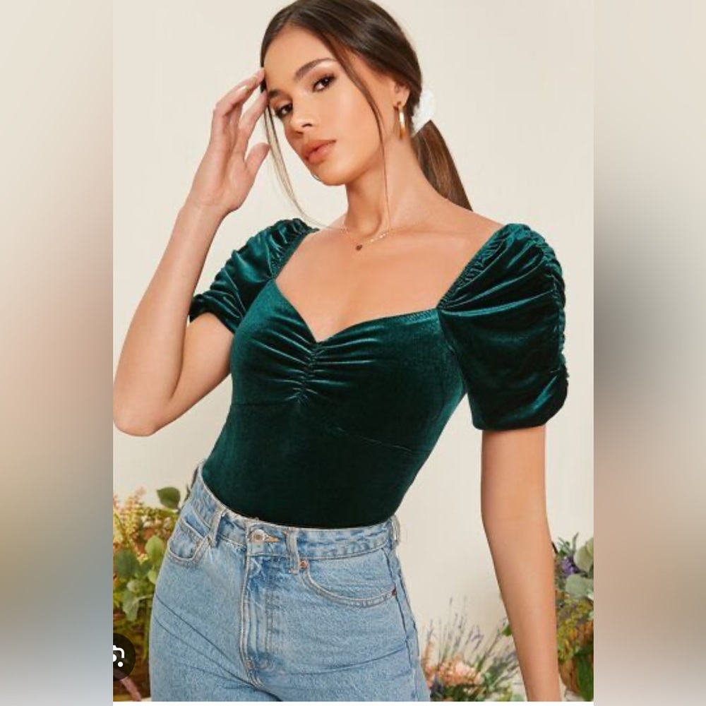 RACHEL Rachel Roy Green Fitted Puff Sleeve Blouse